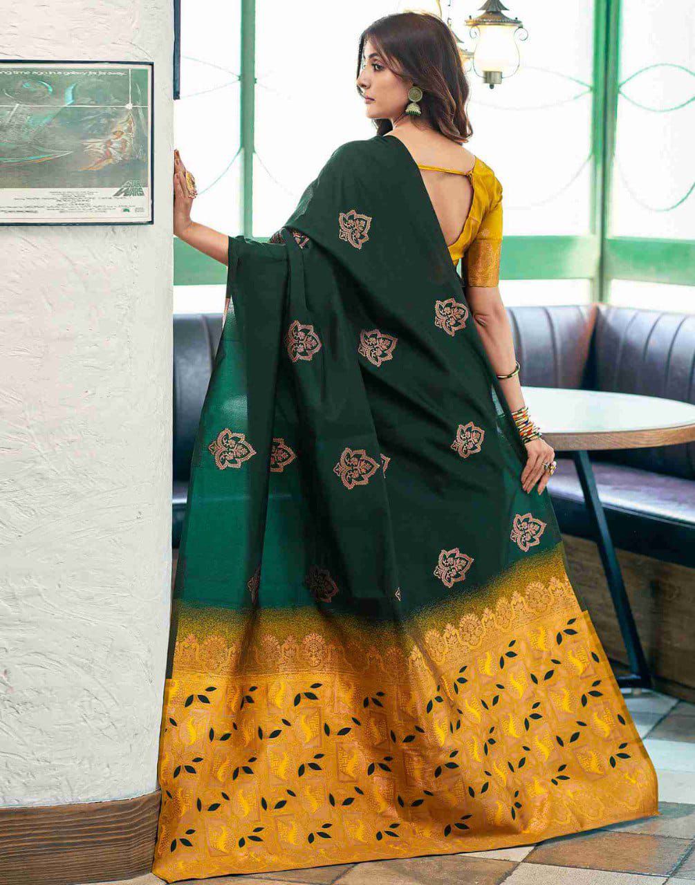 Improbable Dark Green Soft Silk Saree With Tremendous Blouse Piece