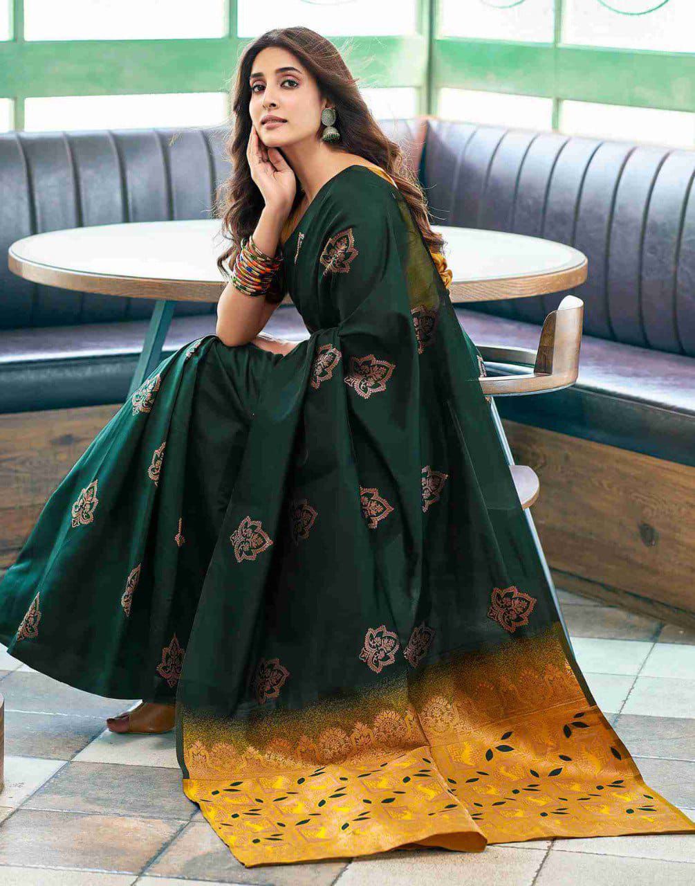 Improbable Dark Green Soft Silk Saree With Tremendous Blouse Piece