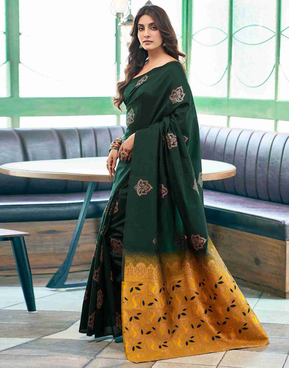 Improbable Dark Green Soft Silk Saree With Tremendous Blouse Piece