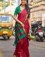 Demesne Red Cotton Silk Saree With Adorable Blouse Piece