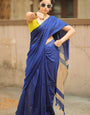 Enthralling Navy Blue Cotton Silk Saree With Lissome Blouse Piece