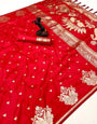 Elaborate Red Soft Silk Saree With Beleaguer Blouse Piece