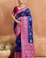 Quixotic Navy Blue Pure Zari Weaving Banarasi Silk Saree With Whimsical Blouse Piece