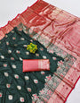 Charismatic Dark Green Pure Zari Weaving Banarasi Silk Saree With Engrossing Blouse Piece