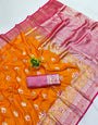 Majesty Orange Pure Zari Weaving Banarasi Silk Saree With Stunner Blouse Piece