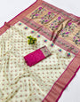 Ideal Beige Organza Paithani Silk Saree With Mesmerising Blouse Piece