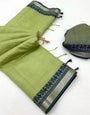 Splendorous Pista Cotton Silk Saree With Scintilla Blouse Piece