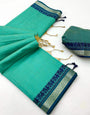 Prodigal Turquoise Cotton Silk Saree With Conflate Blouse Piece