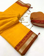 Lovely Yellow Cotton Silk Saree With Skinny Blouse Piece