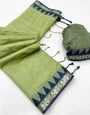 Symmetrical Pista Cotton Silk Saree With Panache Blouse Piece