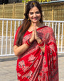Epiphany Red Pure Viscose Lagdi Patta Mirror Work Ajrakh Printed  Saree