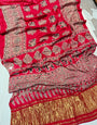 Epiphany Red Pure Viscose Lagdi Patta Mirror Work Ajrakh Printed  Saree