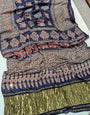 Petrichor Navy Blue Pure Viscose Lagdi Patta Mirror Work Ajrakh Printed  Saree