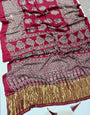 Pleasurable Wine Pure Viscose Lagdi Patta Mirror Work Ajrakh Printed  Saree