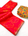 Sumptuous Red Printed Cotton Silk Saree With Flameboyant Blouse Piece
