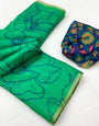 Beauteous Sea Green Printed Cotton Silk Saree With Charming Blouse Piece