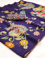 Arresting Navy Blue Kalamkari Printed Cotton Silk Saree With Panoply Blouse Piece