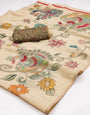 Scrupulous Beige Kalamkari Printed Cotton Silk Saree With Scrumptious Blouse Piece