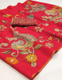 Invaluable Red Kalamkari Printed Cotton Silk Saree With Glittering Blouse Piece