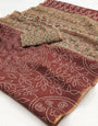 Snazzy Brown Printed Cotton Silk Saree With Prettiest Blouse Piece
