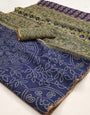 Effulgent Navy Blue Printed Cotton Silk Saree With Mesmeric Blouse Piece