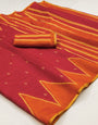 Ethereal Red Printed Cotton Silk Saree With Ailurophile Blouse Piece