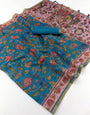 Captivating Firozi Printed Cotton Silk Saree With Amiable Blouse Piece