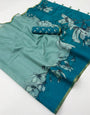 Scintillating Sea Green Printed Cotton Silk Saree With Exuberant Blouse Piece