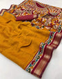 Demure Mustard Printed Mul Cotton Saree With Incredible Blouse Piece