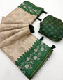 Outstanding Beige Printed Tussar Silk Saree With Prominent Blouse Piece