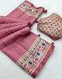 Gratifying Pink Printed Tussar Silk Saree With Delightful Blouse Piece