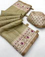 Whimsical Beige Printed Tussar Silk Saree With Extraordinary Blouse Piece