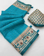 Preferable Firozi Printed Tussar Silk Saree With Artistic Blouse Piece