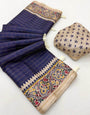 Splendiferous Navy Blue Printed Tussar Silk Saree With Deserving Blouse Piece