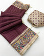 Sempiternal Wine Printed Tussar Silk Saree With Luminous Blouse Piece