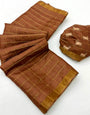 Opulent Brown Printed Tussar Silk Saree With Confounding Blouse Piece