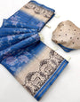 Pretty Blue Printed Tussar Silk Saree With Lustrous Blouse Piece