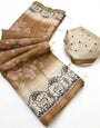 Delectable Brown Printed Tussar Silk Saree With Petrichor Blouse Piece