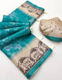 Diaphanous Turquoise Printed Tussar Silk Saree With Embellished Blouse Piece