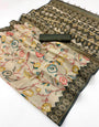 Appealing Pista Printed Cotton Silk Saree With Admirable Blouse Piece
