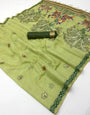 Devastating Pista Pure Munga Cotton Silk Saree With Piquant Blouse Piece