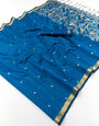 Diaphanous Blue Pure Munga Cotton Saree With Girlish Blouse Piece