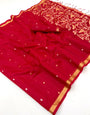 Smart Red Pure Munga Cotton Saree With Evanescent Blouse Piece