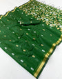 Vivacious Dark Green Pure Munga Cotton Saree With Whimsical Blouse Piece