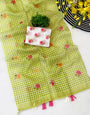 Unique Green Printed Linen Silk Saree With Divine Blouse Piece