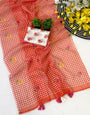 Resplendent Red Printed Linen Silk Saree With Winsome Blouse Piece
