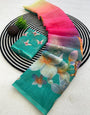 Elaborate Multicolor Printed Linen Silk Saree With Gossamer Blouse Piece