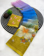 Embrocation Multicolor Printed Linen Silk Saree With Imaginative Blouse Piece