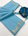 Alluring Sky Viscose Cotton Silk Saree With Classic Blouse Piece