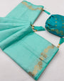 Denouement Turquoise Viscose Cotton Silk Saree With Desirable Blouse Piece